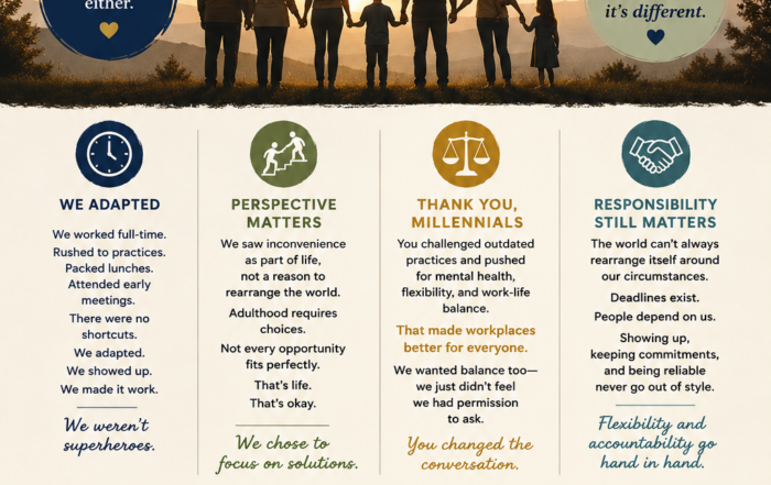 SLC3 infographic highlighting timeless lessons shared across generations, including resilience, reliability, responsibility, relationships, perspective, sacrifice, adaptability, and finding solutions.