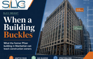 Pfizer building in Manhattan picture with St. Louis Council of Construction Consumers logo. Blue and orange brand colors.