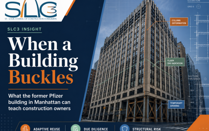 Pfizer building in Manhattan picture with St. Louis Council of Construction Consumers logo. Blue and orange brand colors.