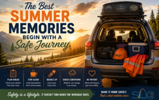 SLC3 summer travel safety graphic showing a family SUV packed for a road trip at sunset, with reminders to plan ahead, stay alert, buckle up, check weather conditions, and be patient so everyone makes it home safely.